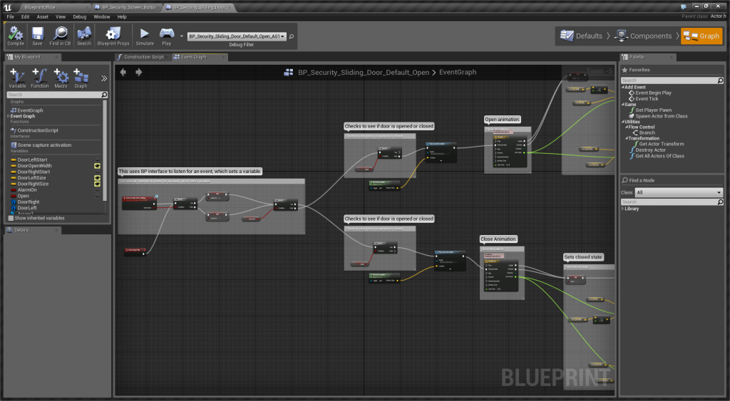 This small blueprint does a lot of stuff. It receives input from a button, plays a sound, and animated opening doors.